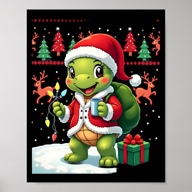 Poster Turtle Xmas Lights Ugly Santa Turtle Christmas Tan (Frente)