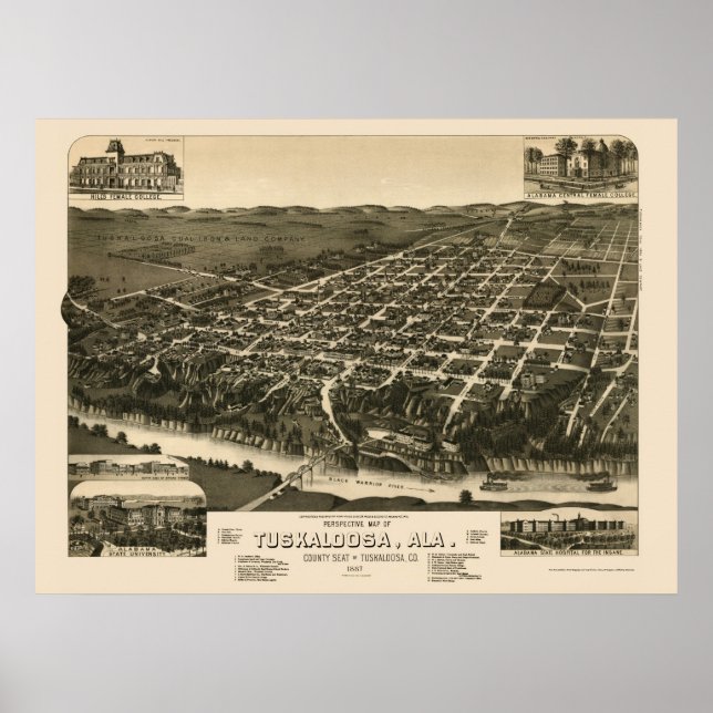 Poster Tuscaloosa, Mapa Panorâmico AL - 1887 (Frente)