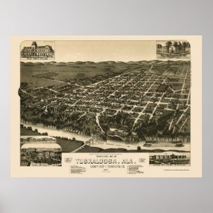 Poster Tuscaloosa, mapa panorâmico do AL - 1887