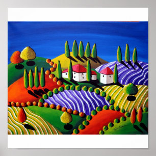 Pôster Tuscan Paisagem Colorful Folk Art Canvas Imprimir