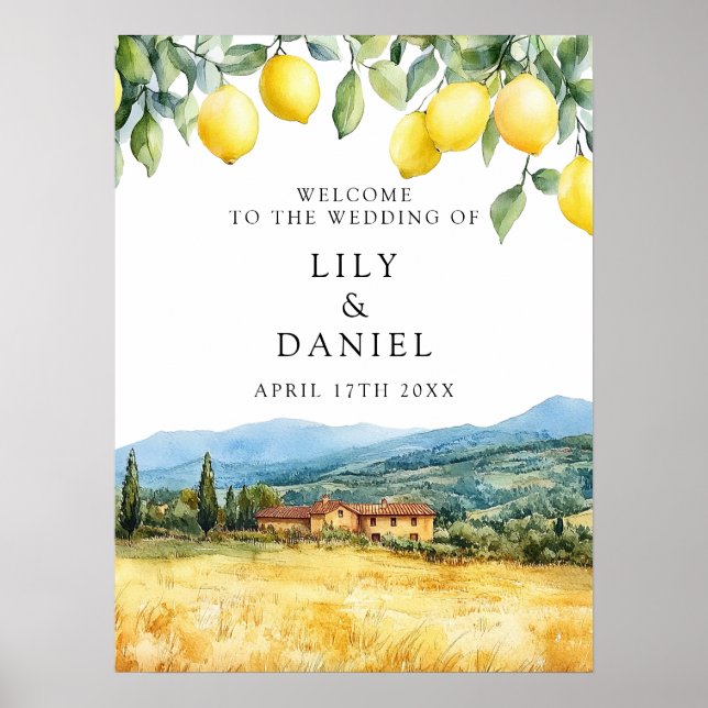Poster Tuscany Italy Lemons Wedding Welcome Sign (Frente)