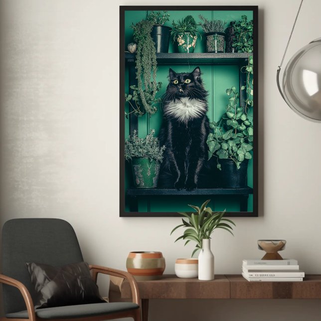 Poster Tuxedo Black Cat em uma prateleira entre Greenery (Criador carregado)