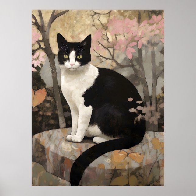 Poster Tuxedo Cat em um jardim (Frente)