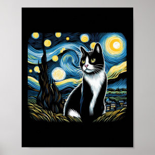 Poster Tuxedo Cat Starry Night Painting Tuxedo Proprietár