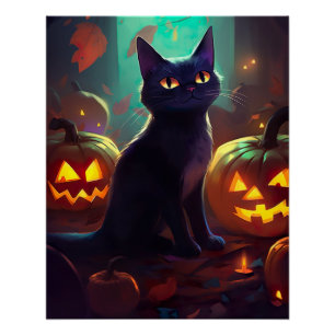Pôster Tuxedo Gato De Halloween Com Pumpkins Assustado