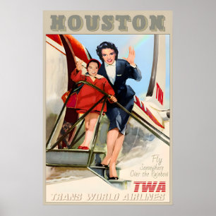 Poster TWA Trans World Airlines Houston Texas Novo Retro