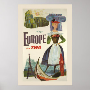 Poster TWA Visite a Europa Viagens Aéreos Vintage Anos 60
