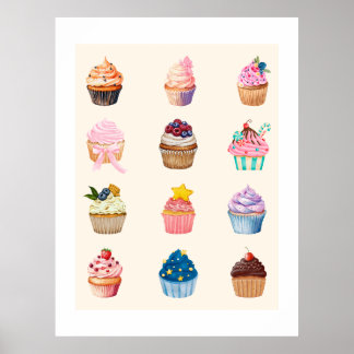 Poster Twelve Watercolor Cupcakes