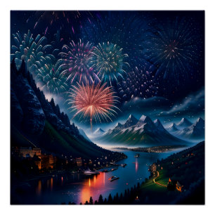 Pôster Twilight Mountain com fogos de artifício