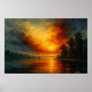 Poster Twilight Voyage Fiery Sunset and Calm Lake
