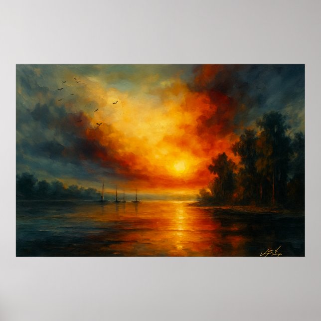 Poster Twilight Voyage Fiery Sunset and Calm Lake (Frente)