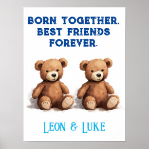 Poster Twin Boys Nursery, Vintage Teddy Bears,