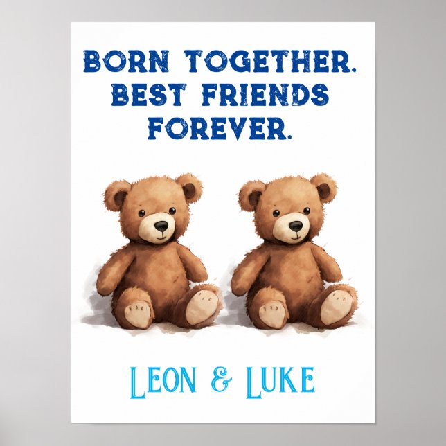 Poster Twin Boys Nursery, Vintage Teddy Bears, (Frente)