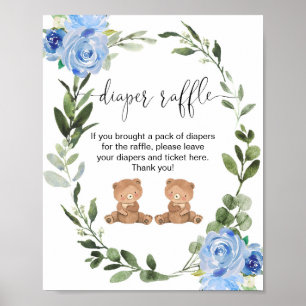 Poster Twin boys teddy bear diaper raffle sign