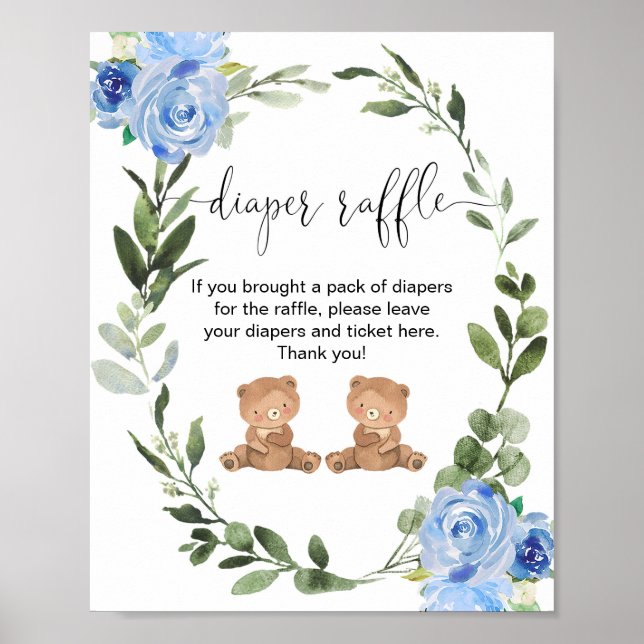 Poster Twin boys teddy bear diaper raffle sign (Frente)