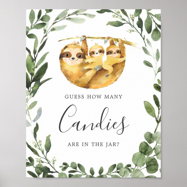 Poster Twin Sloths Baby Shower Guess How Many Candies (Frente)