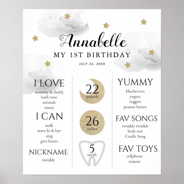 Poster Twinkle Little Star 1st Birthday Milestone Gray (Frente)