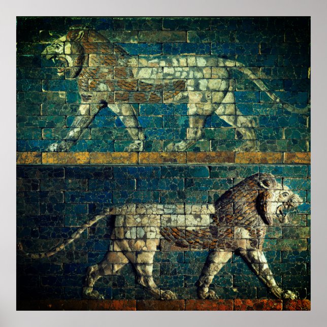 Poster TWO BABYLONIAN LIONS Antique Assyrian Art  (Frente)