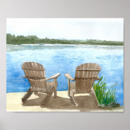 Poster Two Beach Chairs by the Lake, Watercolor Painting