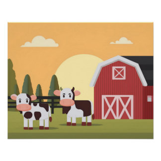 Pôster Two Cows and a Red Barn at Sunrise