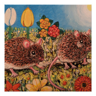 Pôster Two cute mice and flowers Glossy Poster