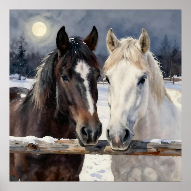 Poster Two Horses on a Snowy Farm Under the Moon (Frente)