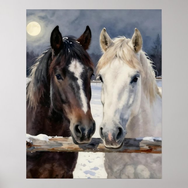 Poster Two Horses on a Snowy Farm Under the Moon (Frente)