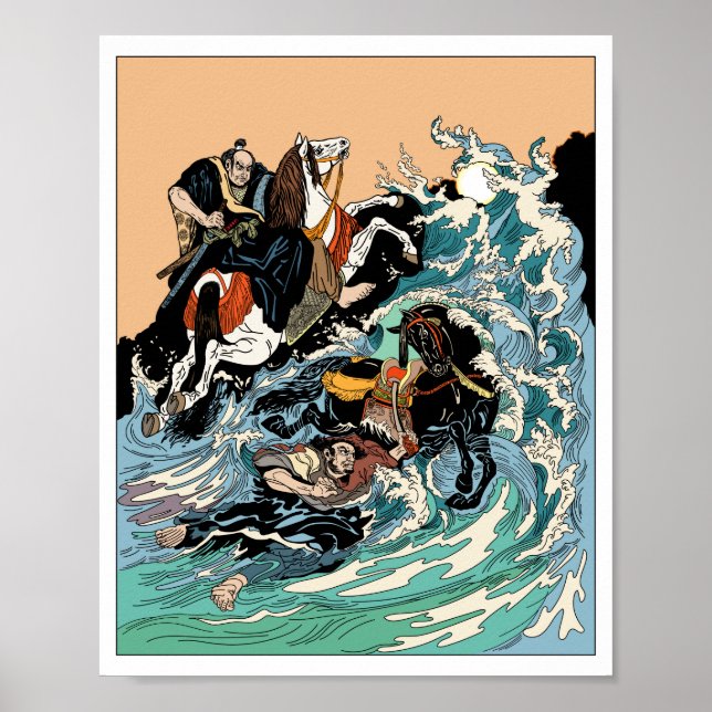 Poster Two samurai horsemen crossing a stormy sea. (Frente)