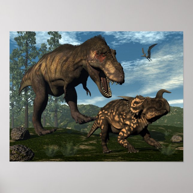 Poster Tyrannosaurus rex atacando dinossauro einiossauro (Frente)