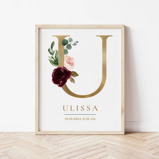 Poster U - Letra Monograma Nome Marsala Floral Nursery (Criador carregado)