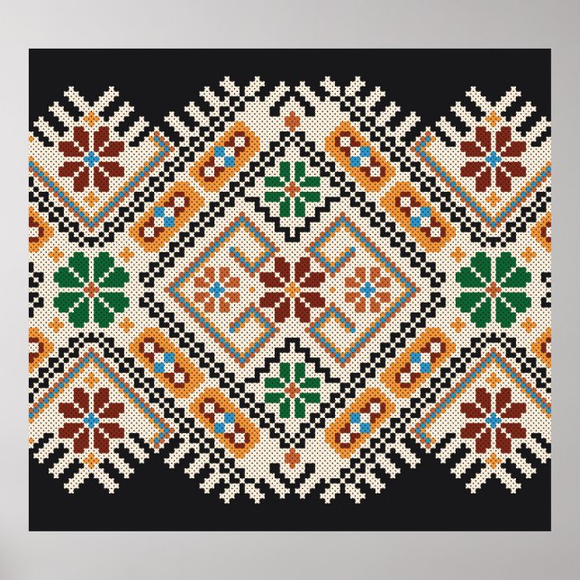 Poster Ucraniano Cross-Stitch: Padrão Étnico Feito À Mão. (Frente)