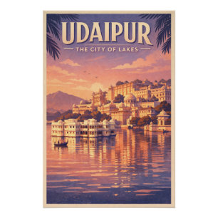 Pôster Udaipur, Índia, em um clássico retro de viagem