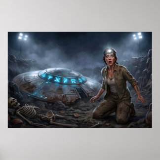 Poster UFO Alien Archeologist Digging Site Paranormal
