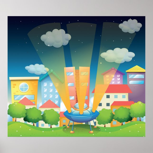 Poster UFO Landing in a Bright City Night Scene (Frente)