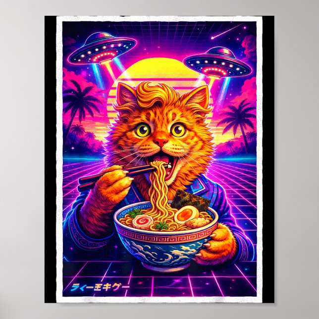 Poster Ufo ramen gato meme retro synthwave gráfico dos an (Frente)