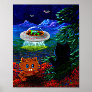 Poster UFO Voando Saucer Preto Engraçado Tabby Laranja
