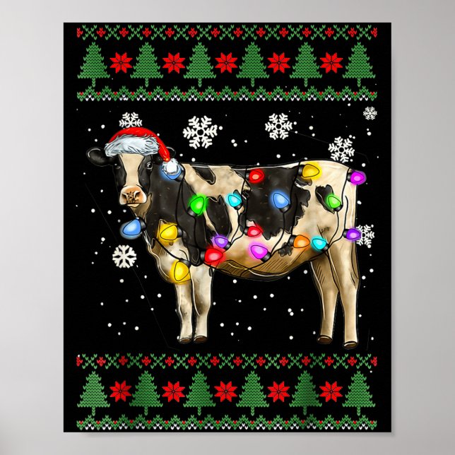 Poster Ugly Cow Christmas Sweater Santa Hat And Light Up  (Frente)