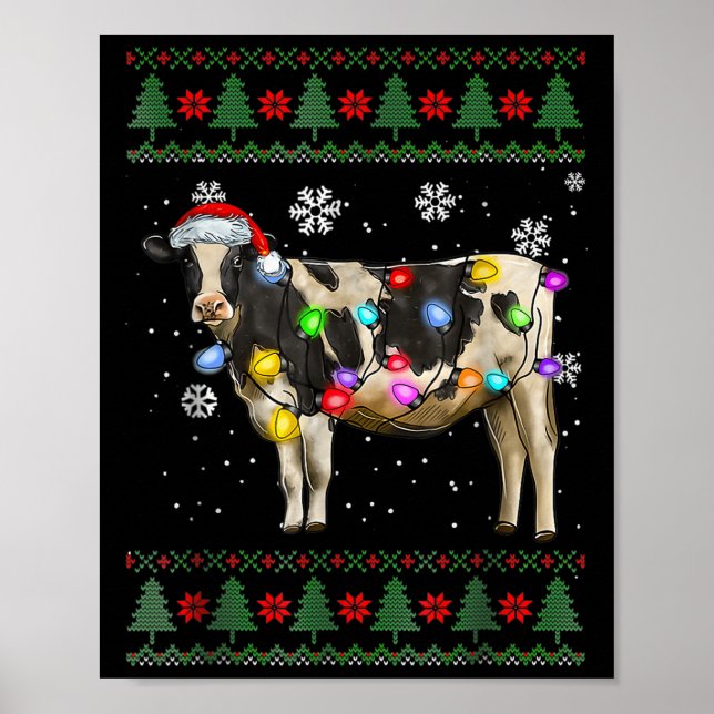 Poster Ugly Cow Christmas Sweater Santa Hat And Light Up  (Frente)