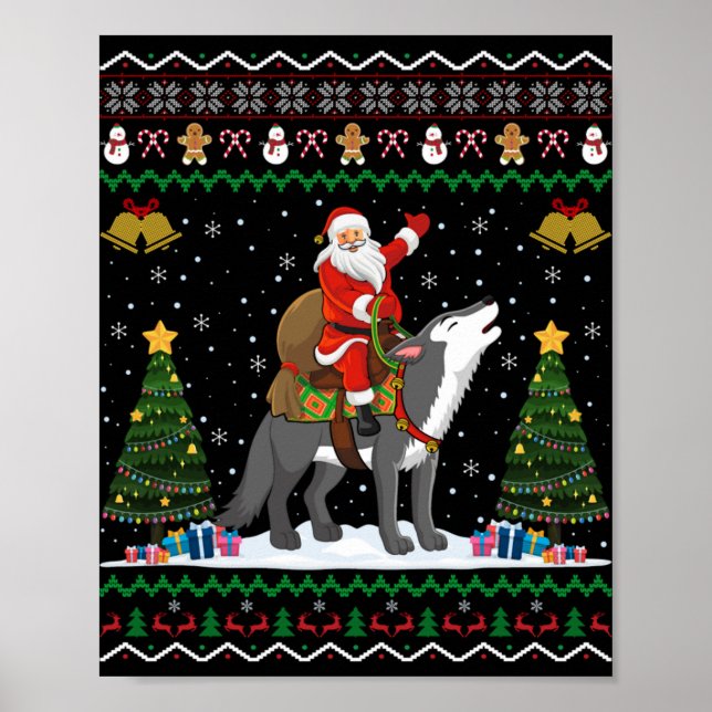 Poster Ugly Wolf Xmas Gift Santa Riding Wolf Christmas T  (Frente)