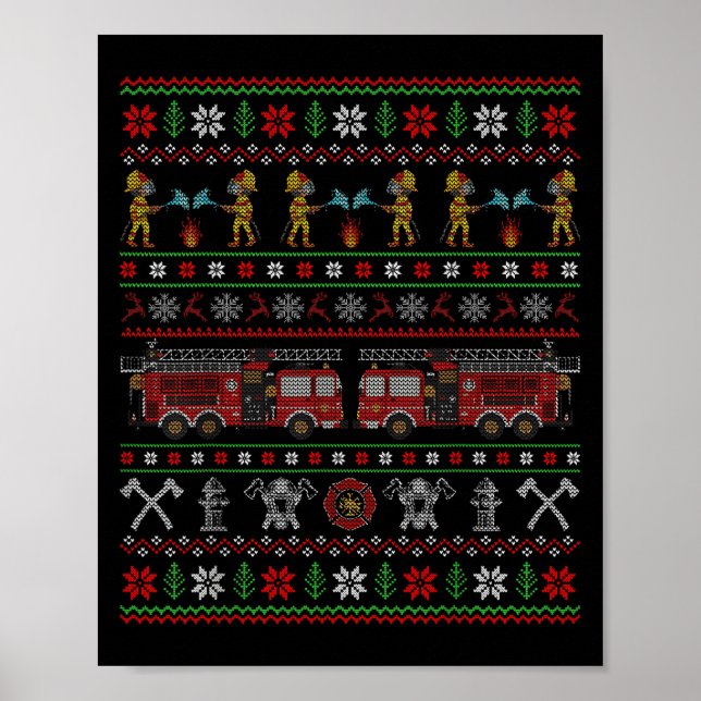 Poster Ugly Xmas Sweater Style Fire Truck Firefighter Chr (Frente)