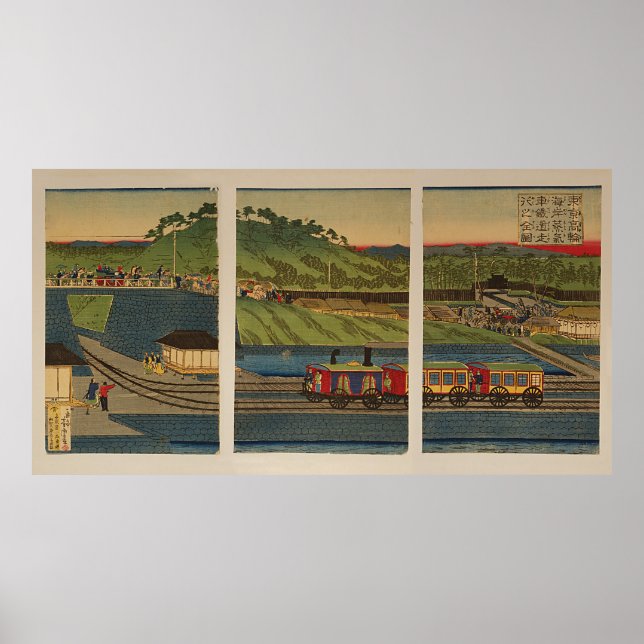 Poster Ukiyo-e Triptych: Comboio a Vapor na praia de Taka (Frente)