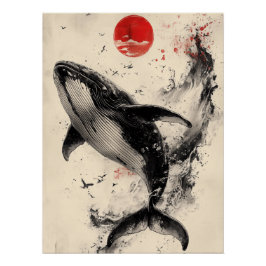 Pôster Ukiyo-e Whale Art with Red Sun & Ink Splatter