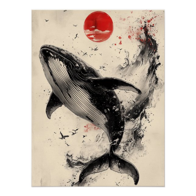 Pôster Ukiyo-e Whale Art with Red Sun & Ink Splatter (Frente)