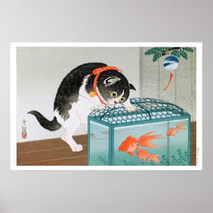 Poster Ukiyoe [Koson] Gato e Peixe Dourado (XS)
