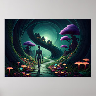 Poster Um alien solitário caminha pelo caminho através de