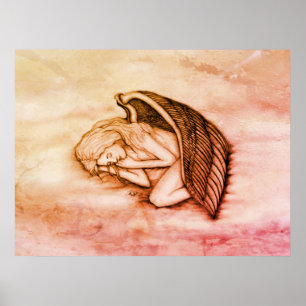 Poster Um anjo adormecido nas nuvens do céu em mármore