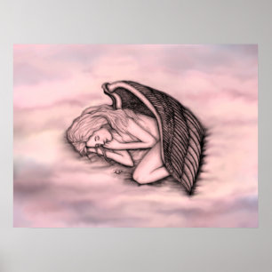 Poster Um anjo dormindo no céu nuvens em rosa