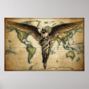 Poster Um Anjo Observando Cada País da Terra em uma Pared