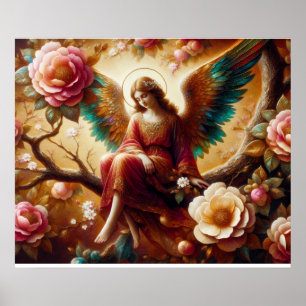 Poster Um Anjo Sentado num Galho de Árvore com Asas Reais