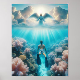 Poster Um anjo surpreende um snorkeler em um recife oceân